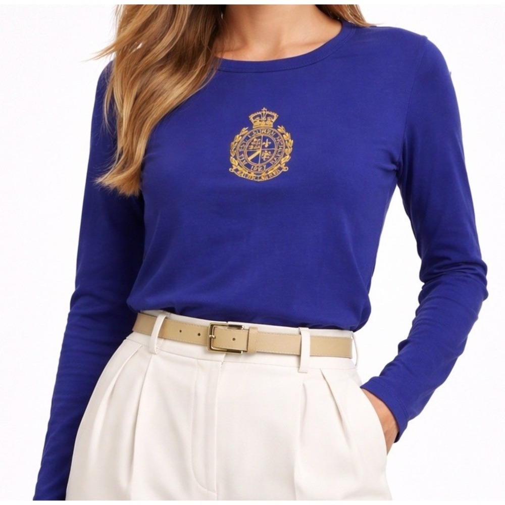Lauren Ralph Lauren Womens Medium Shirt Blue Long Sleeve Gold Crest Clean Money